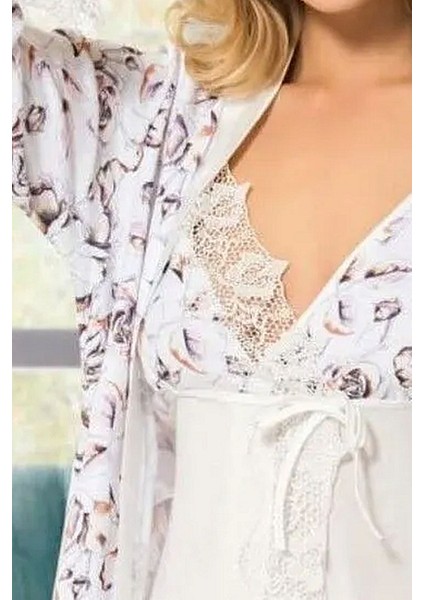 9530 Kadın Saten Ip Askılı Sabahlıklı Pijama Takım-Ekru fiyatları