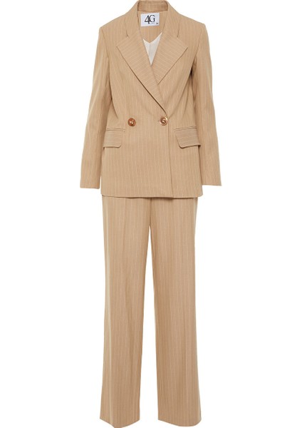Korseli Blazer Ceketli Çizgili Bej Takım