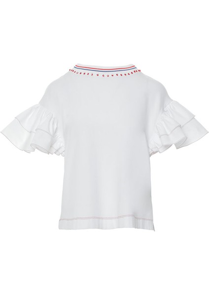 Kırmızı Dikiş Detaylı Fırfır Kollu Yakası Işlemeli Ribana Yaka Beyaz Tshirt indirimleri