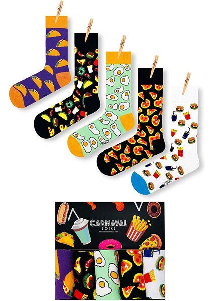 5'li Fast Food -2 Desenli Renkli Çorap Kutusu