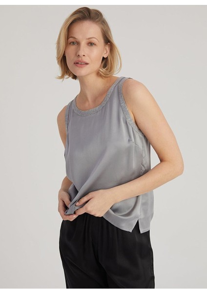 Gri Knit Border Ipekli Yuvarlak Yaka Kolsuz Bluz