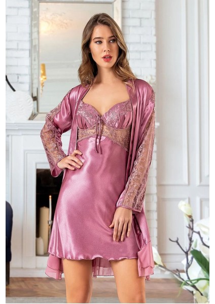 1460 Kadın Saten Ip Askılı Gecelik Sabahlık Takım-Gülkurusu