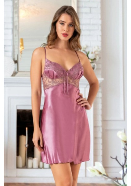 1460 Kadın Saten Ip Askılı Gecelik Sabahlık Takım-Gülkurusu fiyatları