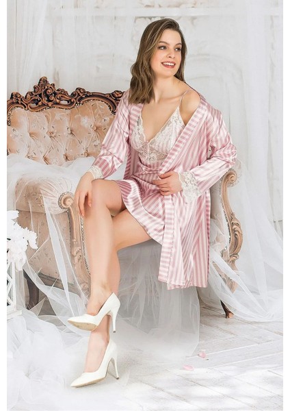 1400 Kadın Saten Ip Askılı Gecelik Sabahlık Takım-Pembe