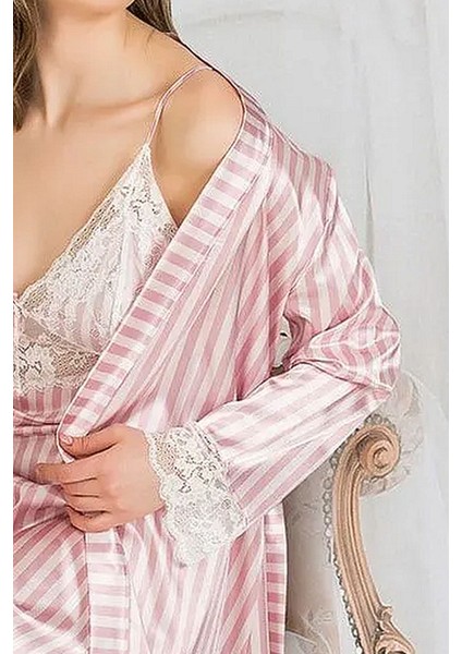 1400 Kadın Saten Ip Askılı Gecelik Sabahlık Takım-Pembe fiyatları