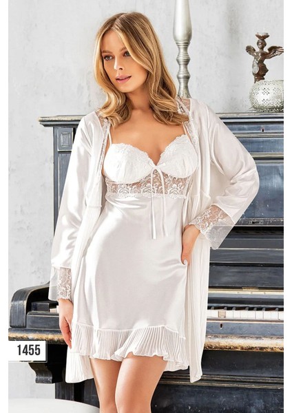1455 Kadın Saten Ip Askılı Gecelik Sabahlık Takım-Beyaz