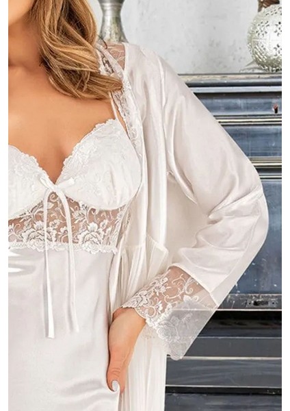 1455 Kadın Saten Ip Askılı Gecelik Sabahlık Takım-Beyaz fiyatları