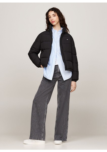 Siyah Kadın Dik Yaka Standart Fit Puffer Mont Tjw Essentıal Puffer Ext