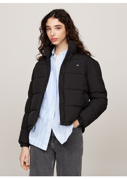 Siyah Kadın Dik Yaka Standart Fit Puffer Mont Tjw Essentıal Puffer Ext