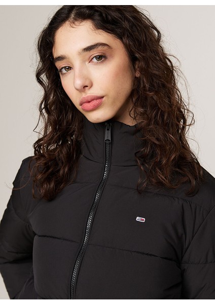 Siyah Kadın Dik Yaka Standart Fit Puffer Mont Tjw Essentıal Puffer Ext