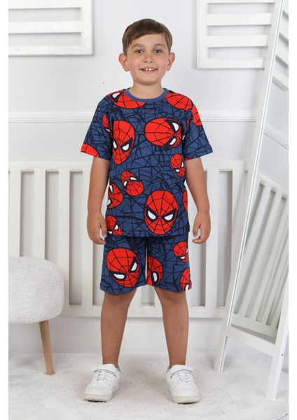 Isob Lacivert Örümcek Adam Desenli %100 Pamuk Erkek Çocuk Kısa Kollu Şortlu Takım 3-8 Yaş 41325-L