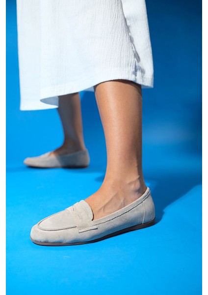 F02 Bej Süet Hakiki Deri Kadın Loafer Ayakkabı
