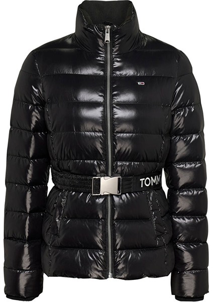 Dik Yaka Siyah Kadın Puffer Mont Tjw Branded Belt Down Jacket