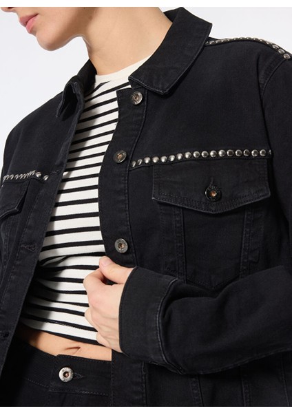 Siyah Kadın Ceket Relaxed Taşlı Denim Ceket M4WL-CKT-1071 fırsatları