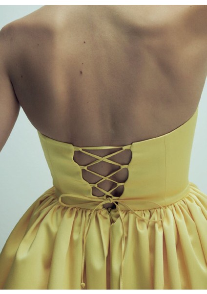 Sibby Straplez Saten Mini Elbise Sarı