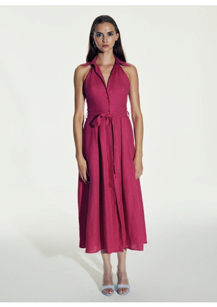 Carrie Midi Keten Elbise Pembe