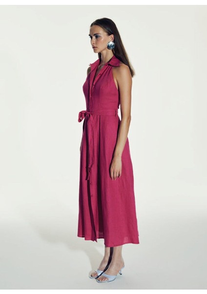 Carrie Midi Keten Elbise Pembe