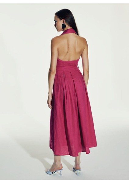 Carrie Midi Keten Elbise Pembe