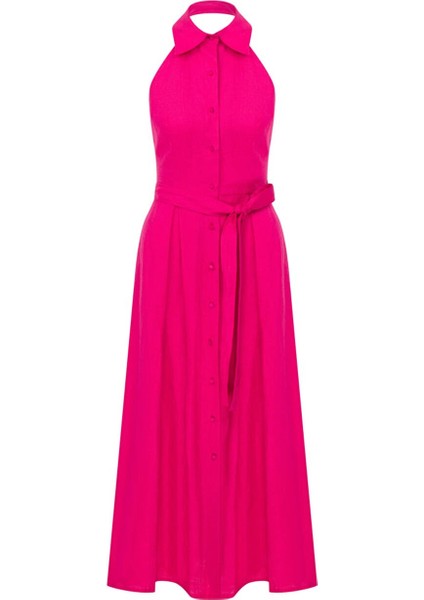 Carrie Midi Keten Elbise Pembe