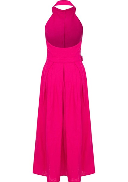 Carrie Midi Keten Elbise Pembe