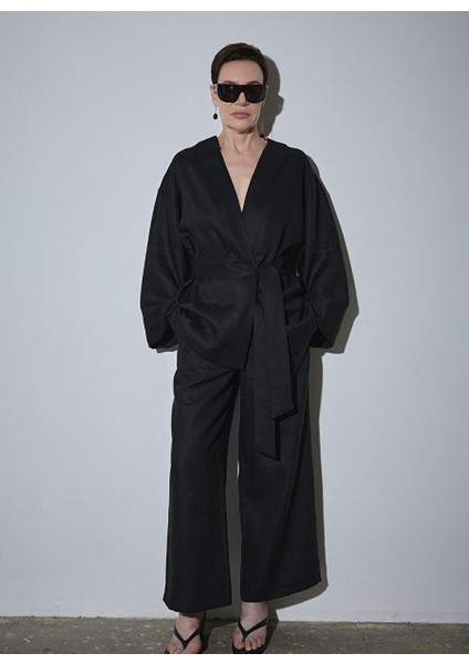 Siyah %100 Keten Eleni Culotte Pantolon