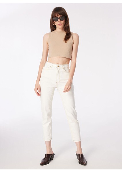 Yüksek Bel Düz Paça Mom Fit Ekru Kadın Denim Pantolon 1091128