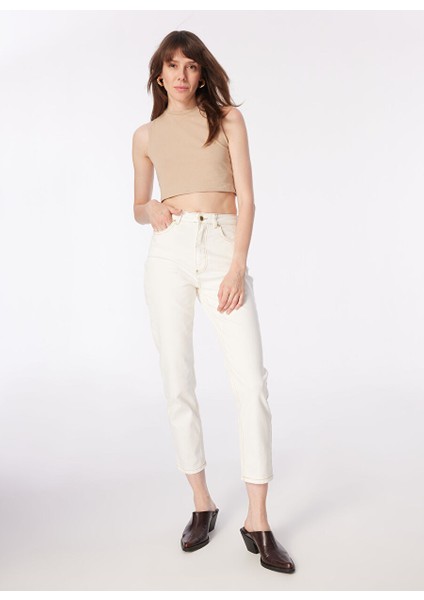 Yüksek Bel Düz Paça Mom Fit Ekru Kadın Denim Pantolon 1091128