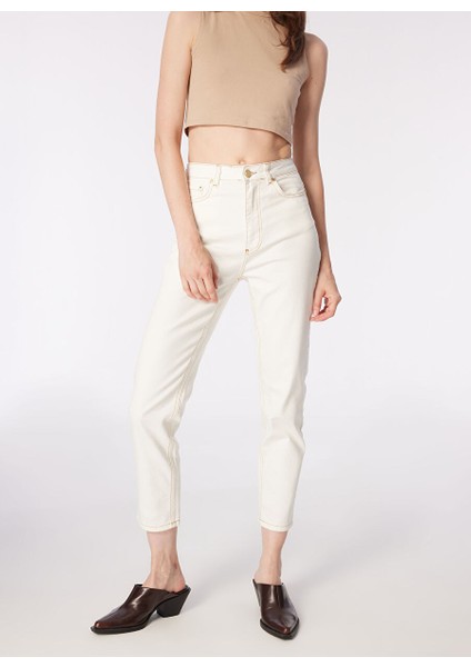 Yüksek Bel Düz Paça Mom Fit Ekru Kadın Denim Pantolon 1091128