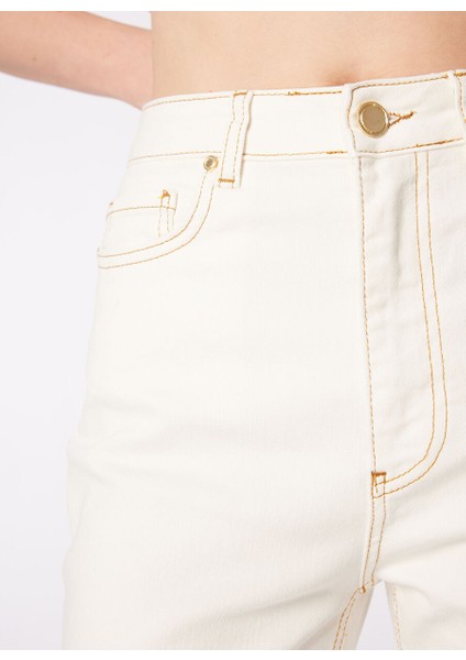Yüksek Bel Düz Paça Mom Fit Ekru Kadın Denim Pantolon 1091128