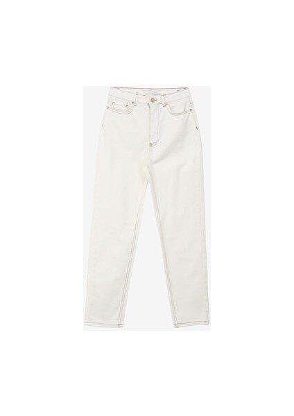 Yüksek Bel Düz Paça Mom Fit Ekru Kadın Denim Pantolon 1091128