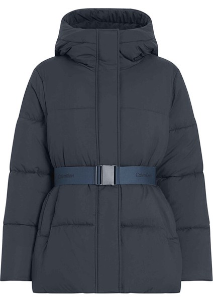 Lacivert Kadın Dik Yaka Standart Fit Puffer Mont Logo Belt Short Puffer