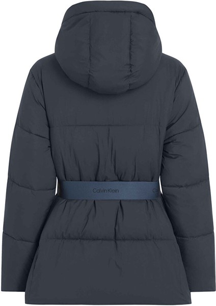 Lacivert Kadın Dik Yaka Standart Fit Puffer Mont Logo Belt Short Puffer modelleri