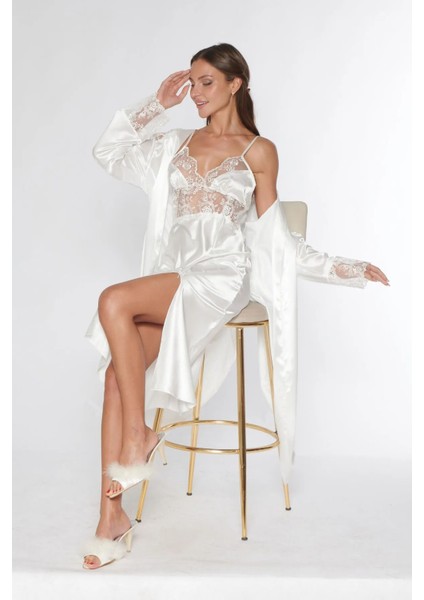 1615 Kadın Saten Ip Askılı Gecelik Sabahlık Takım-Beyaz