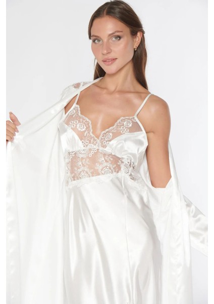 1615 Kadın Saten Ip Askılı Gecelik Sabahlık Takım-Beyaz modelleri