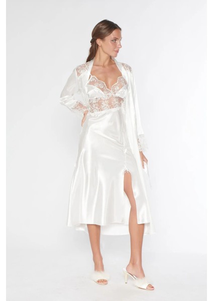 1615 Kadın Saten Ip Askılı Gecelik Sabahlık Takım-Beyaz fırsatları