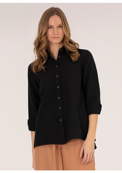 Siyah Kadın Comfort Fit Keten Gömlek Keto