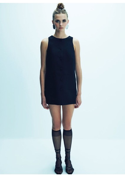 Odette Krep Mini Elbise Siyah
