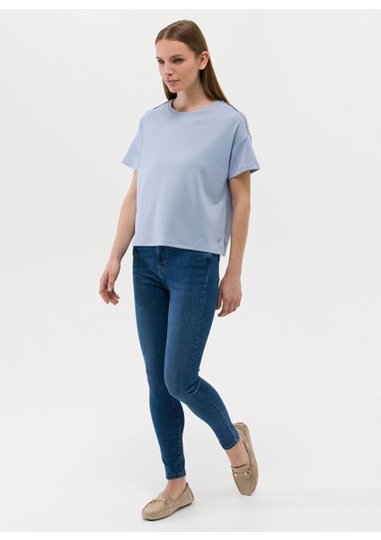 Bisiklet Yaka Mavi Kadın T-Shirt BULSE-23Y fırsatları