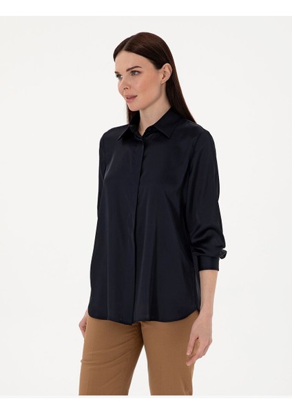 Lacivert Comfort Fit Saten Uzun Kollu Gömlek