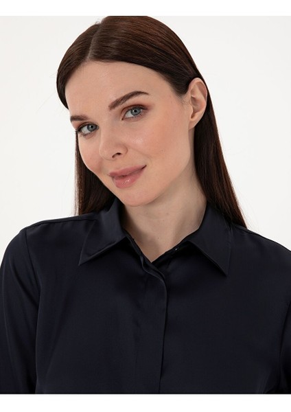 Lacivert Comfort Fit Saten Uzun Kollu Gömlek fiyatları