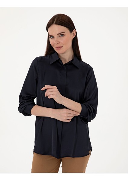 Lacivert Comfort Fit Saten Uzun Kollu Gömlek modelleri