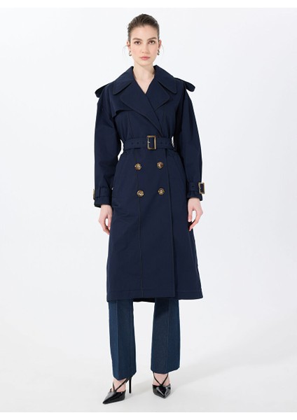Lacivert Kadın Classic Fit Trençkot Masculıne Trench 9018