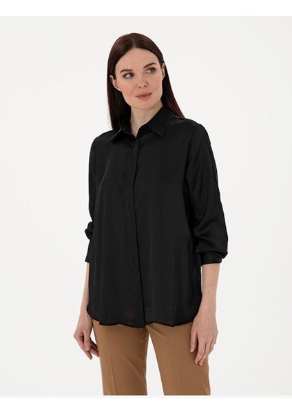 Siyah Comfort Fit Saten Uzun Kollu Gömlek