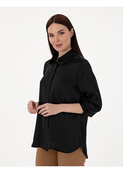 Siyah Comfort Fit Saten Uzun Kollu Gömlek modelleri