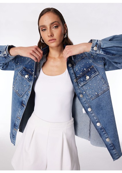 Indigo Kadın Oversize Taşlı Denim Ceket F4SL-MNT0537