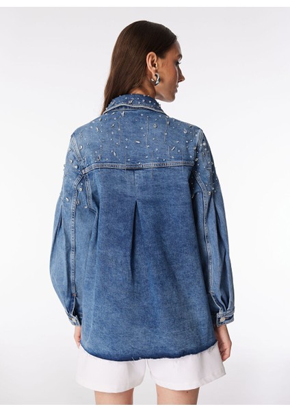 Indigo Kadın Oversize Taşlı Denim Ceket F4SL-MNT0537