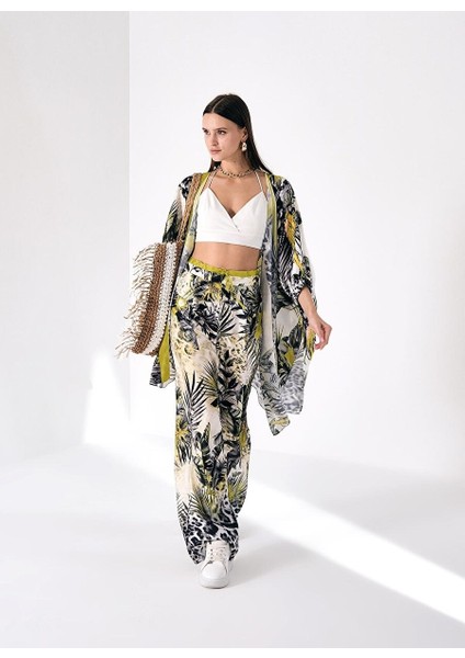 Renk Bloklu Desenli Kimono