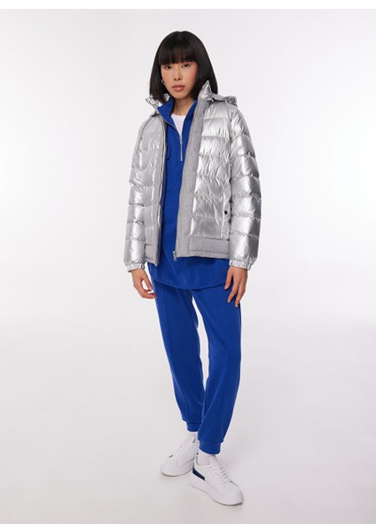 Gümüş Kadın Kapüşon Yaka Basic Fit Puffer Mont B3WL-MNT1