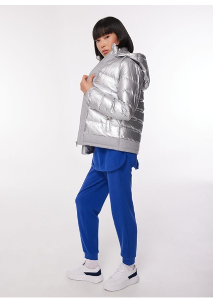 Gümüş Kadın Kapüşon Yaka Basic Fit Puffer Mont B3WL-MNT1