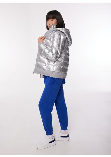 Gümüş Kadın Kapüşon Yaka Basic Fit Puffer Mont B3WL-MNT1